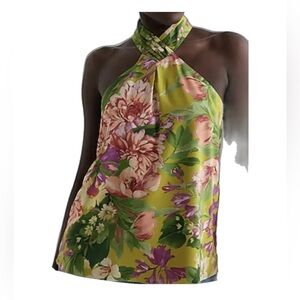 Express satin Floral pleated halter neck satin tank in green print in size XS